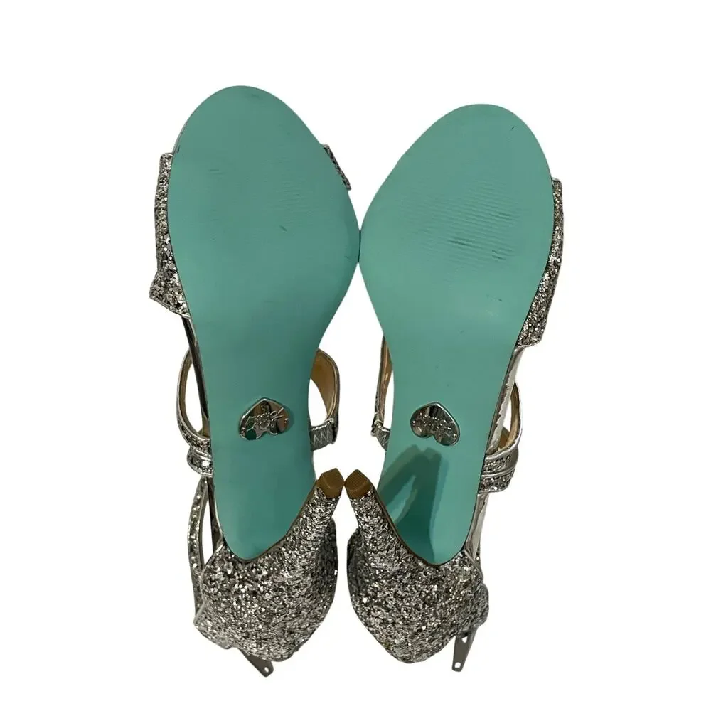 Blue by Betsey Johnson Izzy Women’s Silver Glitter Strappy Stiletto Sandals 8.5